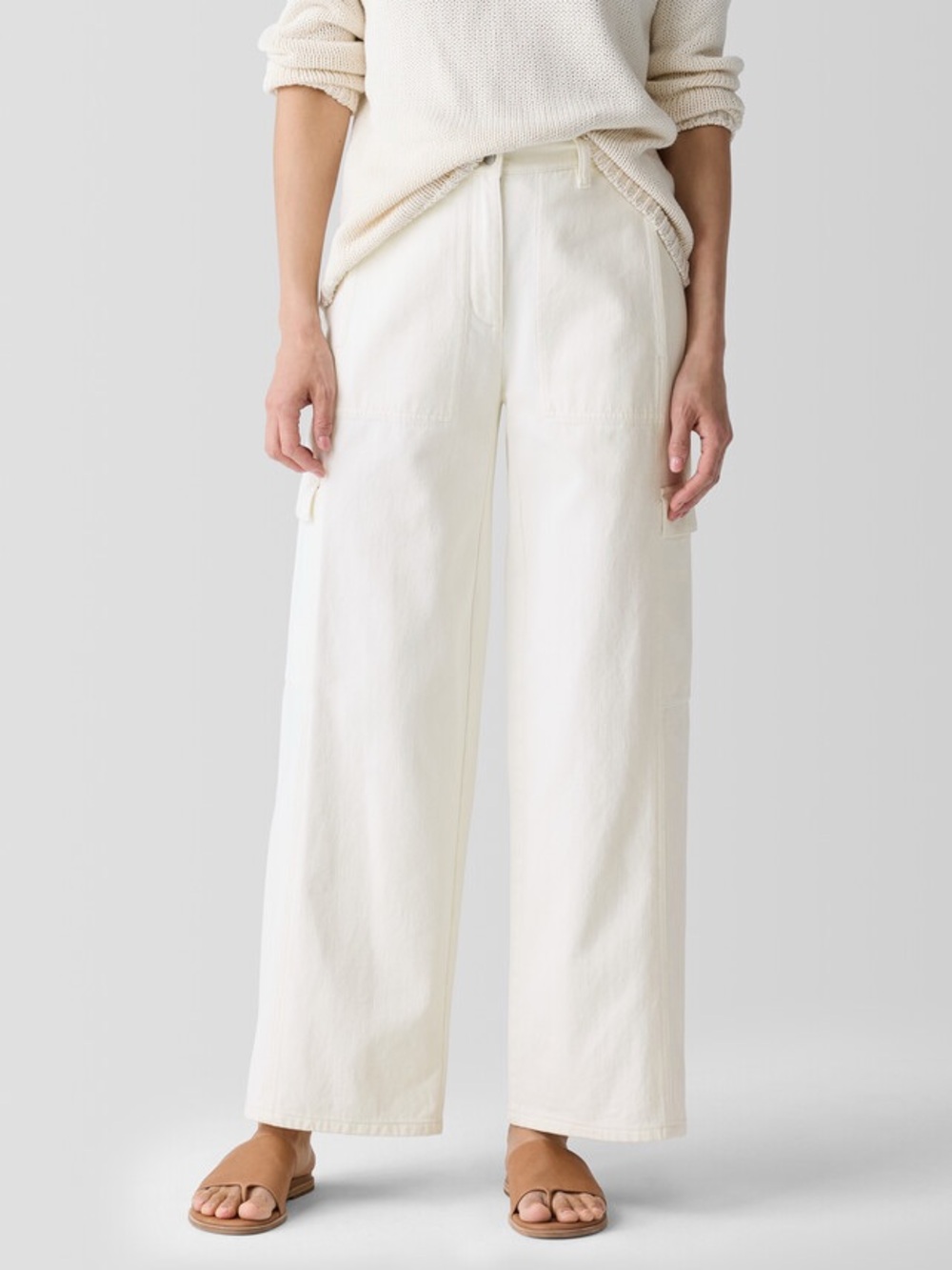 EILEEN FISHER NWT M Undyed Utility Organic Cotton Wide-Leg Cargo Pants Natural